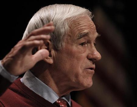 U.S. Republican presidential candidate Ron Paul gestures as he speaks speaks at a rally in Golden Valley, Minnesota