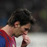 Barcelona's Lionel Messi reacts after Chelsea qualified for the final at the end of their Champions League semi-final second leg soccer match at Camp Nou stadium in Barcelona, April 24, 2012. REUTERS/Albert Gea
