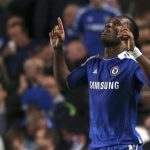 Didier Drogba of Chelsea celebrates scoring against Barcelona during their Champions League semi-final first leg match at Stamford Bridge in London, April 18, 2012. REUTERS/Eddie Keogh