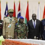 (L-R) Lieutenant General Peter Augustine Blay from Ghana, Chief of Staff of Guinean Army Souleymane Diallo Kelefa, General Soumaila Bakayoko, Ivorian Army Chief of Staff and ECOWAS Chair, Ivory Coast acting Defence Minister Paul Koffi Koffi and Air Chief Marshal Oluseyi Petinrin of Nigeria pose for a photo after a meeting of the Committee of Heads of State of the Economic Community of West African States (ECOWAS) in Abidjan April 5, 2012. REUTERS/Thierry Gouegnon