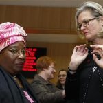Malawi's Vice-President Joyce Banda (L) talks with Austria's Foreign Minister Ursula Plassnik (R) at the European Commission headquarters in Brussels March 6, 2008. Banda said on Saturday she was taking charge of the southern African country under the terms of the constitution following the death of President Bingu wa Mutharika. REUTERS/Thierry Roge