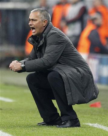 Real
Madrid's coach Jose Mourinho gestures during the Champions League semi-final first leg soccer match against Bayern Munich in
Munich Real Madrid's Jose Mourinho on the touchline
during the Champions League semi-final first leg match against Bayern Munich, April 17, 2012. REUTERS/Michaela Rehle