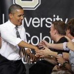 President Barack Obama greets students at the University of Colorado Boulder in Boulder, Colo., on Tuesday, April 24, 2012. Obama spoke about student loans. (AP Photo/Ed Andrieski)
