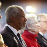 Former U.N. General Secretary Kofi Annan (2nd L) sits between his wife Nane Annan (L) and her mother Nina Lagergren during the centennial of the birth of Raoul Wallenberg at the Raoul Wallenberg Institute at the University of Lund April 24, 2012. REUTERS/Stig-Ake Jonsson/Scanpix Sweden