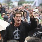 Actor David Hasselhoff shows the peace sign at the Coachella Valley Music and Arts Festival in Indio, California April 13, 2012. REUTERS/David McNew
