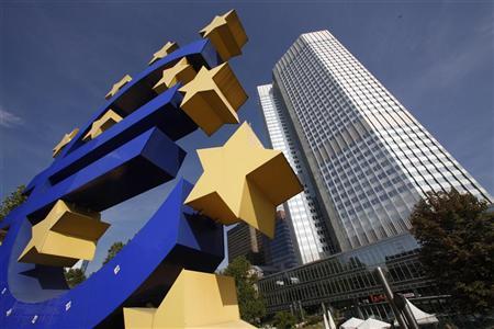 A huge Euro logo is pictured past the headquarters of the European Central Bank (ECB) in Frankfurt, September 29, 2011. REUTERS/Ralph Orlowski