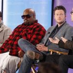 Reality series "The Voice" executive producer Mark Burnett (L-R), coaches CeeLo Green and Blake Shelton, and producer and host Carson Daly take part in a panel discussion at the NBC Universal Summer Press Day 2012 in Pasadena, California April 18, 2012. REUTERS/Fred Prouser