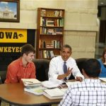 U.S. President Barack Obama speaks to students in a roundtable discussion about the rising costs of student loans while at the University of Iowa in Iowa City, April 25, 2012. REUTERS/Larry Downing