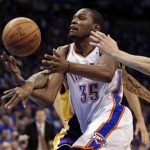 Oklahoma City Thunder's Kevin Durant (35) is fouled by Los Angeles Lakers' Matt Barnes (9) during the second half of Game 1 of the NBA Western Conference semi-final basketball playoffs series in Oklahoma City May 14, 2012. REUTERS/Steve Sisney