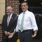 Former New York City Mayor Rudy Giuliani (L) and former Massachusetts Governor and Republican presidential candidate Mitt Romney visit Engine 24 Ladder 5 in New York May 1, 2012. REUTERS/Allison Joyce