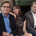 Producer Aaron Sorkin sits for a photo with cast members Emily Mortimer (C) and Jeff Daniels (R) at the offices of HBO in New York, in this May 17, 2012 file photo. Sorkin's new series "The Newsroom" will premier on HBO on June 24. REUTERS/Keith Bedford/Files