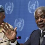 Joint Special Envoy of the United Nations and the Arab League for Syria Kofi Annan (R) gestures next to Major-General Robert Mood, head of the UN Supervision Mission in Syria during a news conference at the United Nations European headquarters in Geneva June 22, 2012. REUTERS/Denis Balibouse