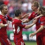 Czech Republic's Petr Jiracek (R) celebrates with teammates Michal Kadlec (L), Vaclav Pilar (2nd L) and Petr Jiracek a goal against Greece during their Group A Euro 2012 soccer match at city stadium in Wroclaw, June 12, 2012. REUTERS/Dominic Ebenbichler