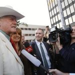 Actor Larry Hagman and actress Linda Gray are interviewed as they arrive for a VIP Preview party for the Collection of Larry Hagman at Julienâs Auctions in Beverly Hills, California June 1, 2011. Hagman, 79, best-known for playing conniving Texas oil baron J.R. Ewing in the television series "Dallas," is putting furnishings, antiques, art work and personal property from his hilltop California home up for auction, to be held at Julien's Auctions live June 4. REUTERS/Mario Anzuoni