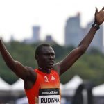 David Rudisha of Kenya celebrates winning the men's 800 metres race at the Diamond League New York Grand Prix athletics meet June 9, 2012. REUTERS/Brendan McDermid