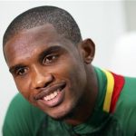 Cameroon's Samuel Eto'o smiles during an interview following the launch of Puma's kits for nine African national soccer teams at the Design Museum in London November 7, 2011. REUTERS/Olivia Harris