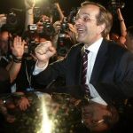 Leader of conservative New Democracy party Antonis Samaras is cheered by supporters after his statement on the election results in Athens June 17, 2012. REUTERS/John Kolesidis
