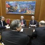Greece's newly appointed Prime M inister Antonis Samaras (L), Leader of the Democratic Left party Fotis Kouvelis (C), Greece's National Bank chairman Vassilis Rapanos (rear R), Finance Minister George Zanias (R) and leader of Socialist PASOK party Evangelos Venizelos take part in a meeting at the parliament in Athens June 20, 2012. REUTERS/Yorgos Karahalis