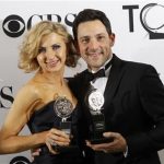 Nina Arianda (L) and Steve Kazee pose backstage with their awards during the American Theatre Wing's 66th annual Tony Awards in New York June 10, 2012. REUTERS/Andrew Burton