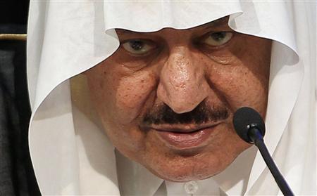 Saudi Arabia's Crown Prince Nayef bin Abdulaziz al-Saud speaks during a news conference about haj preparations in Mecca in this November 1, 2011 file photo. Prince Nayef died in Geneva, Saudi state television said on June 16, 2012, citing a royal court statement. Interior minister since 1975, he was the heir to Saudi King Abdullah and was appointed crown prince in October after the death of his elder brother and predecessor in the role, Crown Prince Sultan. REUTERS//Hassan Ali/Files