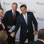 U.S. Republican Presidential candidate Mitt Romney greets CEOs after addressing a business roundtable with company leaders in Washington, June 13, 2012. Pictured alongside Romney is Boeing CEO James McNerney. REUTERS/Jason Reed