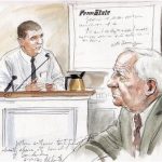An unidentified witness (L). testifies as former Penn State University assistant football coach Jerry Sandusky looks on in this courtroom sketch during the child sex abuse trial in Bellefonte, Pennsylvania June 11, 2012. REUTERS/Art Lien