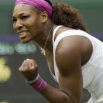 Serena Williams of the United States reacts during a second round women's singles match against Melinda Czink of Hungary at the All England Lawn Tennis Championships at Wimbledon, England, Thursday, June 28, 2012. (AP Photo/Anja Niedringhaus)