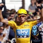 Sky Procycling rider and leader's yellow jersey Bradley Wiggins of Britain celebrates on the finish line after the final 20th stage of the 99th Tour de France cycling race between Rambouillet and Paris, July 22, 2012. REUTERS/Gonzalo Fuentes