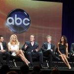 The cast members of the upcoming reality series "Dancing with the Stars: All Stars" along with hosts and executive producer (L-R) Kelly Monaco, Giles Marini, Drew Lachey, Pamela Anderson, executive producer Conrad Green, hosts Tom Bergeron, Brooke Burke-Charvet, Helio Castroneves, Bristol Palin and Melissa Rycroft speak during a panel discussion at the Disney-ABC Television Group portion of the Television Critics Association Summer press tour in Beverly Hills, California July 27, 2012. REUTERS/Fred Prouser