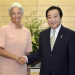 REFILE - CORRECTING TYPO IN NAME International Monetary Fund (IMF) Managing Director Christine Lagarde (L) shakes hands with Japan's Prime Minister Yoshihiko Noda during their talks at Noda's official residence in Tokyo July 6, 2012. REUTERS/Toru Yamanaka/Pool