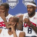 LeBron James (R) of the Miami Heat speaks as Kevin Durant (L) and Kobe Bryant listen during a news conference for the twelve players selected for the 2012 U.S. Olympic men's basketball team at the Wynn Las Vegas Resort in Las Vegas, Nevada July 7, 2012. REUTERS/Steve Marcus