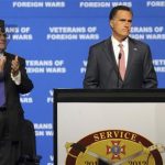 Republican presidential candidate and former Massachusetts Governor Mitt Romney (R) is applauded while addressing the 113th Veterans of Foreign Wars (VFW) National Convention in Reno, Nevada, July 24, 2012. REUTERS/James Glover