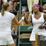 Serena Williams of the U.S. (R) shakes hands with Petra Kvitova of the Czech Republic after defeating her in their women's quarter-final tennis match at the Wimbledon tennis championships in London July 3, 2012. REUTERS/Toby Melville