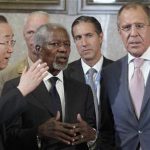Joint Special Envoy of the United Nations and the Arab League for Syria Kofi Annan (C) speaks with Russia's Foreign Minister Sergei Lavrov (R) next to U.N. Secretary-General Ban Ki-moon at the start of the meeting of the Action Group on Syria at the United Nations European headquarters in Geneva, June 30, 2012. REUTERS/Denis Balibouse