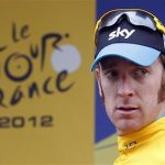 Sky Procycling rider Bradley Wiggins of Britain wears the leader's yellow jersey on the podium after the 17th stage of the 99th Tour de France cycling race between Bagneres-de-Luchon and Peyragudes, July 19, 2012. REUTERS/Stephane Mahe
