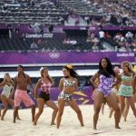 Actors perform during a show in between beach volleyball matches at the Horse Guards Parade during the London 2012 Olympic Games July 28, 2012. REUTERS/Marcelo Del Pozo