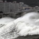 A wave is seen in Busan, about 420 km (262 miles) southeast of Seoul August 28, 2012. South Korea was hammered by Typhoon Bolaven, likely to be the most powerful storm in a decade in the country, on Tuesday morning, with power supply cuts to tens of thousands of households nationwide and strong winds and torrential downpours causing massive property damage and flight cancellations, according to reports from Yonhap quoting officials. REUTERS/Cho Jung-ho/Yonhap