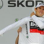 BMC Racing Team rider Tejay Van Garderen of the U.S. and best young rider white jersey holder celebrates on the podium after the individual time trial of the 19th stage of the 99th Tour de France cycling race between Bonneval and Chartres, July 21, 2012. REUTERS/Stephane Mahe