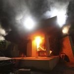 The U.S. Consulate in Benghazi is seen in flames during a protest by an armed group said to have been protesting a film being produced in the United States September 11, 2012. REUTERS/Esam Al-Fetori