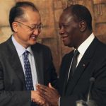Ivory Coast's President Alassane Ouattara (R) greets World Bank President Jim Yong Kim after his speech at the presidential palace in Abidjan September 4, 2012.REUTERS/Luc Gnago