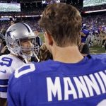 Dallas Cowboys quarterback Tony Romo (L) greets New York Giants quarterback Eli Manning (10) after defeating the Giants following their NFL football game in East Rutherford, New Jersey, September 5, 2012. REUTERS/Gary Hershorn