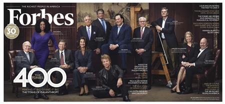 The cover of the Forbes 400 issue on philanthropy is shown in this handout photo supplied to Reuters September 18, 2012 featuring 12 of the more than 150 influential entrepreneurs the magazine brought together for a private discussion on ways to help solve some of the world�s most intractable problems. From Warren Buffett and Oprah to Bill and Melinda Gates, some of the world�s greatest philanthropists with a combined net worth of $126 billion attended the summit. The Forbes 400 issue goes on sale September 21, 2012. REUTERS/Forbes/Handout