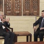 Syria's President Bashar al-Assad (R) meets with United Nations (U.N.)-Arab League peace envoy for Syria Lakhdar Brahimi in Damascus September 15, 2012, in this handout photograph released by Syria's national news agency SANA. REUTERS/SANA