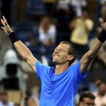 Tomas Berdych of the Czech Republic celebrates after defeating Roger Federer of Switzerland in their men's quarter-final match at the US Open tennis tournament in New York, September 5, 2012. REUTERS/Adam Hunger