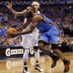 Oklahoma City Thunder guard James Harden (R) drives on Dallas Mavericks guard Delonte West during the second half of their NBA Western Conference quarter-final playoff basketball game in Dallas, Texas May 5, 2012. REUTERS/Mike Stone