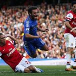 Chelsea's Juan Mata (C) is fouled by Arsenal's Kieran Gibbs (L) during their English Premier League soccer match at The Emirates Stadium in London September 29, 2012 REUTERS/Eddie Keogh