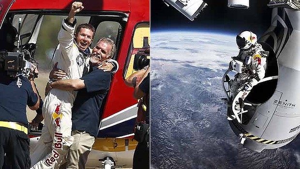 On top of the world ... Felix Baumgartner celebrates after leaping from the edge of space.   Read more: http://www.brisbanetimes.com.au/technology/sci-tech/daredevil-felix-baumgartner-breaks-sound-barrier-in-leap-from-the-edge-of-space-20121015-27liq.html#ixzz29JAMkvfm