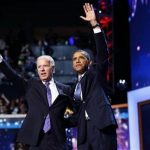 U.S. President Barack Obama (R) waves with Vice President Joe Biden after Obama accepted the 2012 U.S Democratic presidential nomination during the final session of Democratic National Convention in Charlotte, North Carolina, September 6, 2012. REUTERS/Jim Young