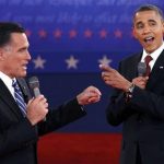 U.S. Republican presidential nominee Mitt Romney (L) and U.S. President Barack Obama answer a question at the same time during the second U.S. presidential campaign debate in Hempstead, New York, October 16, 2012. REUTERS/Jim Young
