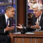 U.S. President Barack Obama speaks to host Jay Leno (R) as he makes an appearance on the Tonight Show in Los Angeles, California October 24, 2012. Obama is on a two-day, eight-state campaign swing. REUTERS/Kevin Lamarque
